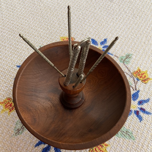 Vintage Wooden 3 Footed Nut Bowl Set with Metal Nutcracker and 4 Picks - Picture 2 of 6